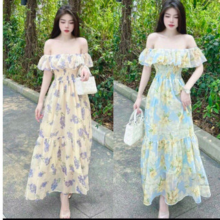 Q383 Đầm Maxi Hoa Bèo Trễ Vai Nhún Thun Eo Dáng Dài, Váy Đi Biển Dễ Thương Gợi Cảm, Váy Đi Chơi Xinh Xắn(eo 60-78cm vừa)