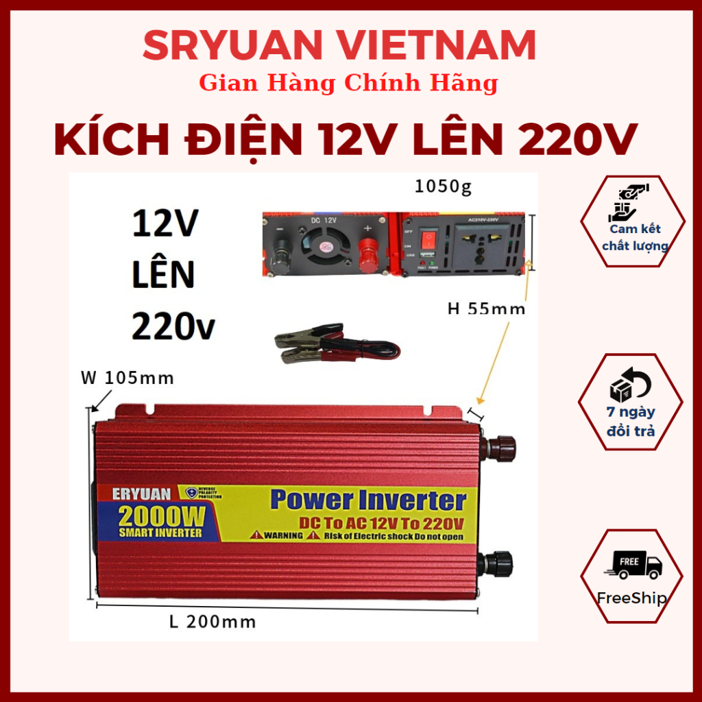 Biến Tần 12V Sang 220V, Kích Điện 12V Lên 220V, Biến Điện 12V Ra 220V - Công Suất 2000W Smart invert