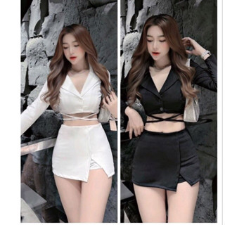 M115 -  Set Bộ Nữ Thiết Kế 2 Món Áo Croptop Cổ V Đan Dây Eo Phối Váy Sẻ Tà Dáng Ngắn Gợi Cảm Women Top - Botstore
