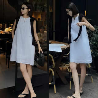 Đầm xuông form hàn quốc + kèm áo choàng đen thời trang vải linen hai lớp năng động mùa hè ( ảnh thật chụp bên cạnh )