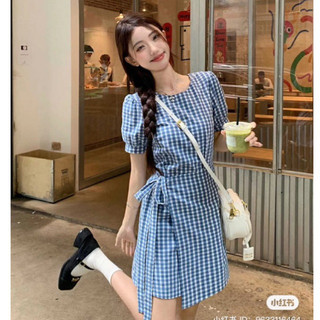 Váy Kẻ Caro, Đầm Tay Bồng Vintage Có Thắt Eo Phong Cách Hàn Quốc LEMIE by lekemqc
