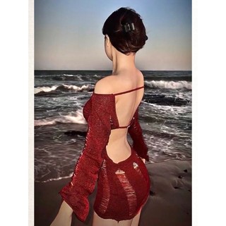[ĐỢI 10 NGÀY]- Đầm dệt kim hở lứng lưới Bikini sexy đi biển