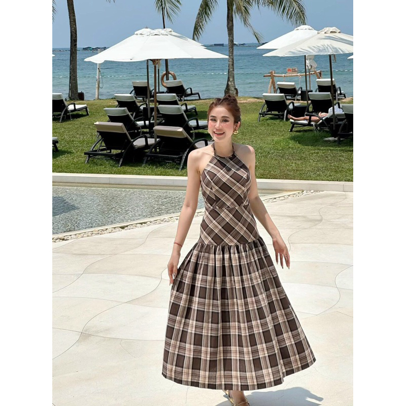 ĐẦM YẾM MAXI CARO ĐAN DÂY LƯNG