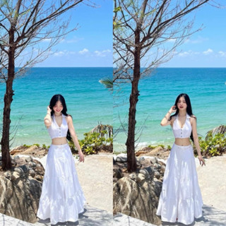 [S2.760] Set Áo Sơmi Sát Nách Chun Lưng Mix Chân Váy Trắng Xoè Tầng Dáng Dài Hàng 2 Lớp