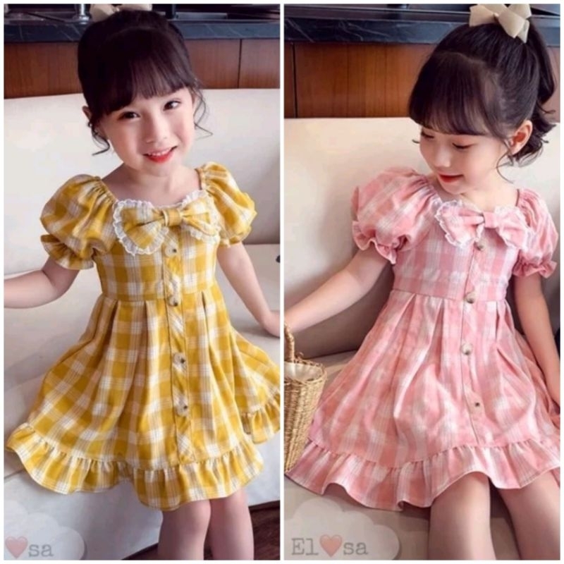 Váy mùa hè cho bé gái | Váy caro phối nơ tay phồng cho bé gái từ 1 tuổi đến 10 tuổi