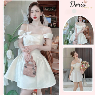 [ XẢ LỖ] Đầm Dự Tiệc Tafta Hai Dây Trễ Vai Đính Nơ Kèm Tag Đá, Váy Ngắn Nữ Thiết Kế Bồng Bềnh Sang Chảnh