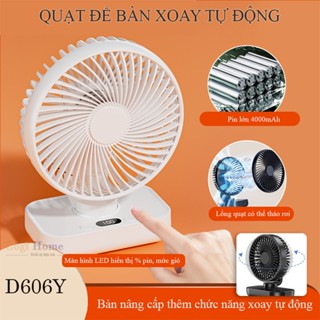 Quạt Để Bàn Mini Tích Điện Pin Trâu Để Bàn Văn Phòng Xoay Tự Động Có Màn Hình LED 4 Cấp Độ Gió D606Y