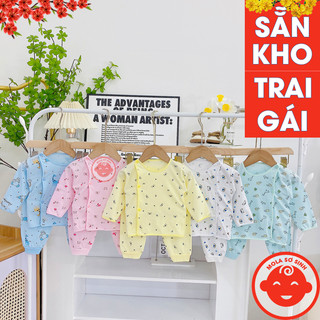 Bộ sơ sinh DÀI TAY HỌA TIẾT cho bé khuy lệch quần bo đáp đũng QA09
