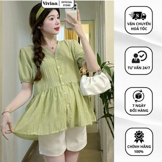 Áo bầu cộc tay cổ V babydoll chất xốp nhăn thiết kế mặc nhà đi làm đi chơi thoải mái Vivian AB1