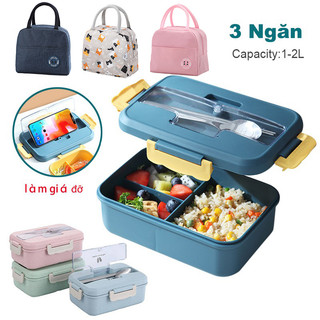 Hộp cơm giữ nhiệt 3 ngăn Lunch Box 1400ml kèm dĩa thìa lúa mạch sử dụng được cho lò vi sóng