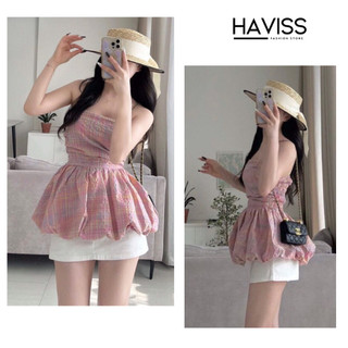 Áo kiểu tiểu thư Haviss thiết kế quây cúp ngực xếp ly dáng xòe phồng babydoll phong cách Hàn Quốc