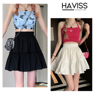 Chân váy midi ngắn xếp ly Haviss xòe midi bồng hai tầng đính viền ren vải lụa thô mềm mại trẻ trung điệu đà nữ tính