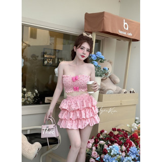 Set váy chun hoa bèo tầng phối tang nơ siu xinh