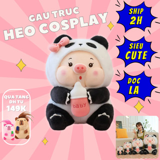 Thú nhồi bông heo cosplay gấu trúc ôm bình sữa - Size từ 25cm đến 85cm - Quà tặng gấu bông heo ôm