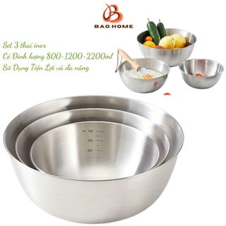 Set 3 Thau Inox BAOHOME Có Vạch Chia Định Lượng Trộn Salad Đánh Trứng Làm Bánh Tiện Lợi B011
