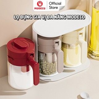 Lọ Đựng Gia Vị Thuỷ Tinh Boro Chống Vỡ Cao Cấp Modeco - Hộp Đựng Gia Vị Có Thìa Để Ngăn Riêng Chống Ẩm, Nắp Kín Có Khóa