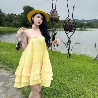 Đầm đi dự tiệc, váy dự tiệc quây form rộng chân bèo xòe kèm choker hoa 3D thiết kế đi chơi du lịch đi biển thiết kế LONA