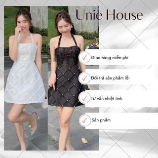 Đầm thiết kế dự tiệc cổ yếm dáng ngắn xoè A phối ngọc nổi siêu xinh Unie House thiết kế che bụng đi chơi siêu xinh B03