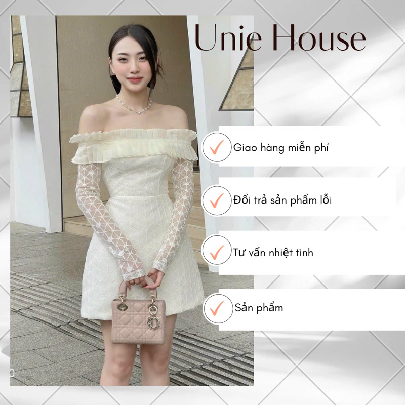 Đầm dự tiệc tiểu thư ren trễ vai tay dài phối bèo nhẹ nhàng Unie House B02