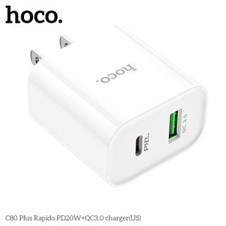 Củ sạc nhanh 20w hoco c80 plus có 2 cổng usb + type c, sạc nhanh pd20 + qc3.0, chân cắm dẹp