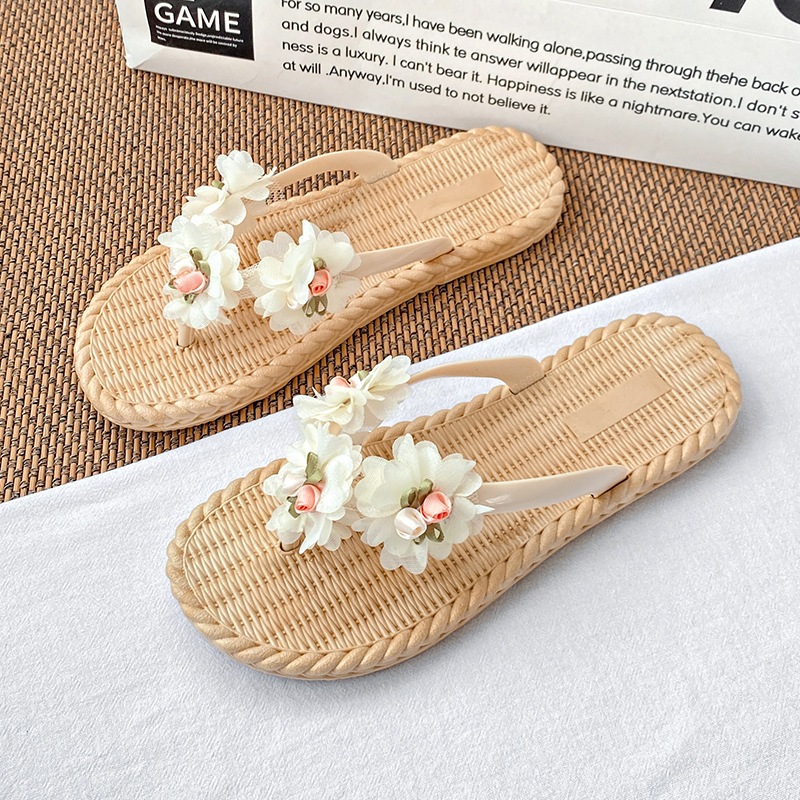 Dép quai kẹp đính chi tiết hoa voan giả cói đi biển chống trơn trượt, mang êm, nhẹ, bền