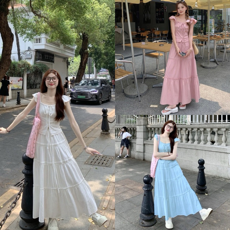 [S2.757] Set Áo Thô Cánh Tiên Mix Chân Váy Xoè Tầng Dáng Dài Hàng 2 Lớp Dày Dặn 3 Màu