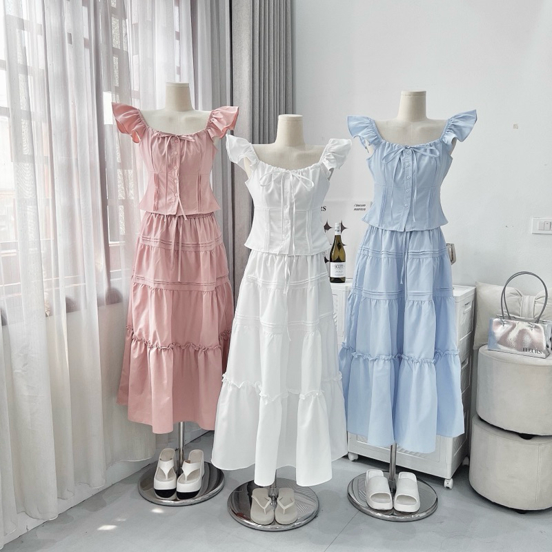 [S2.757] Set Áo Thô Cánh Tiên Mix Chân Váy Xoè Tầng Dáng Dài Hàng 2 Lớp Dày Dặn 3 Màu | BigBuy360 - bigbuy360.vn