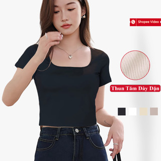 Áo Thun Croptop Nữ Cổ Vuông Tay Ngắn Madela Chất Thun Co Giãn Dày Dặn, Croptop Ngắn Tay Cổ Vuông Nữ