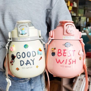 Bình Giữ Nhiệt Inox 316 Có Ống Hút 1000ml Béo Tròn Cute Kèm Dây Đeo Cho Bạn Nữ Tặng Sticker Dễ Thương
