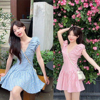 [V1.700] Váy Thô Kẻ Cổ V Tay Chun Dáng Xoè 2 Màu Siêu Xinh Có Lót Quần