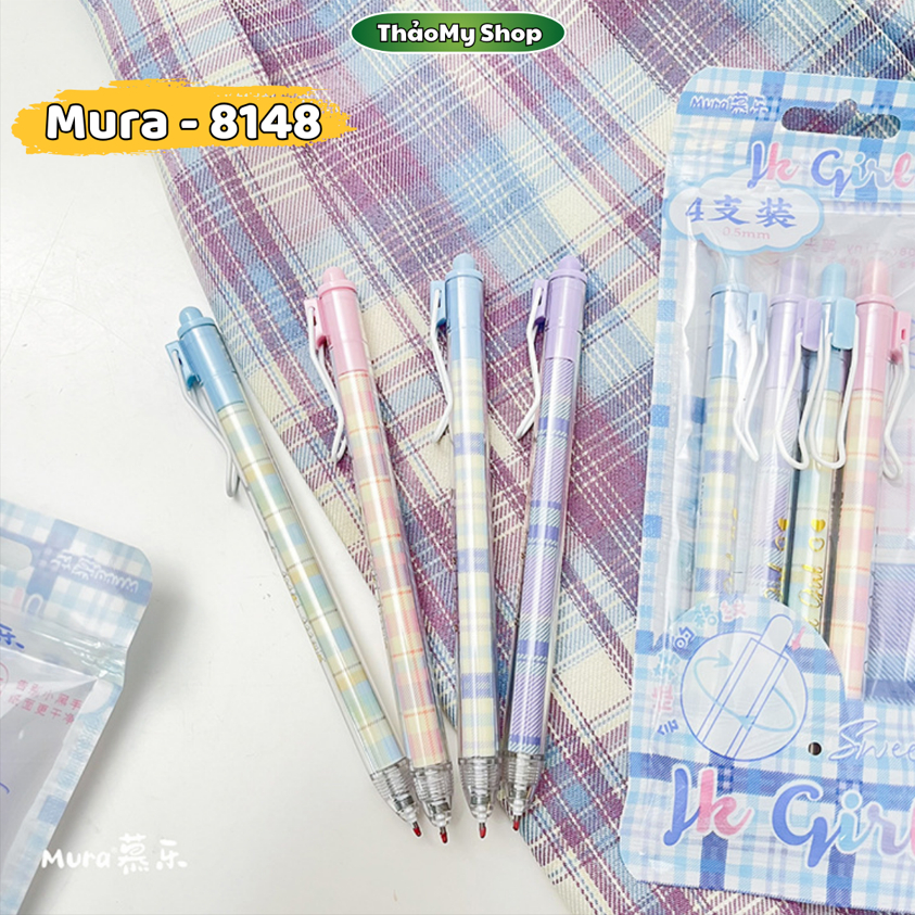 Bút gel bấm Mura JK Girl cực xinh Set 4 bút bi bấm Mura M8148 mực đen ngòi 0.5mm bút có thanh cài Pl