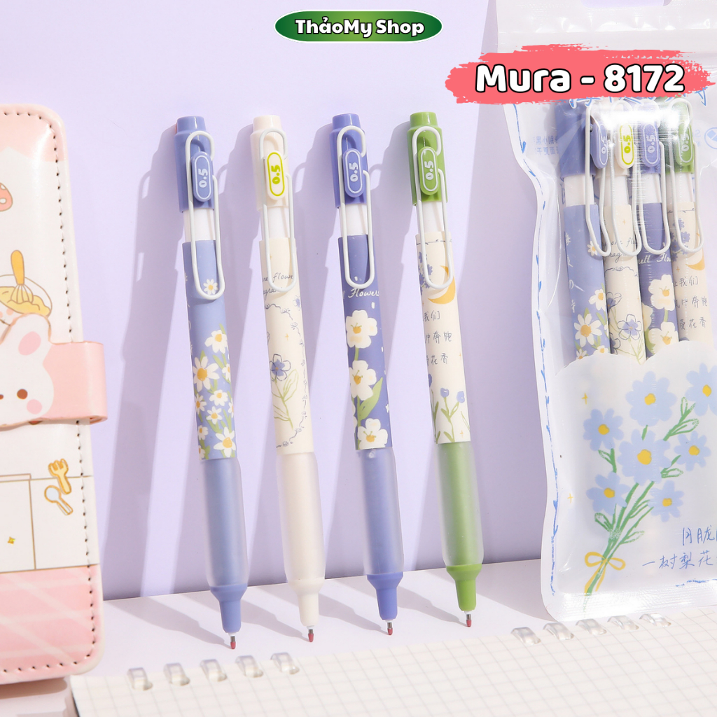 Set 4 bút bi bấm Mura Little Daisy bút gel Mura 8172 họa tiết hoa cúc cực xinh có thanh cài Panet mự