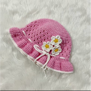 Nón len bé gái. Nón len bèo 3 hoa handmade