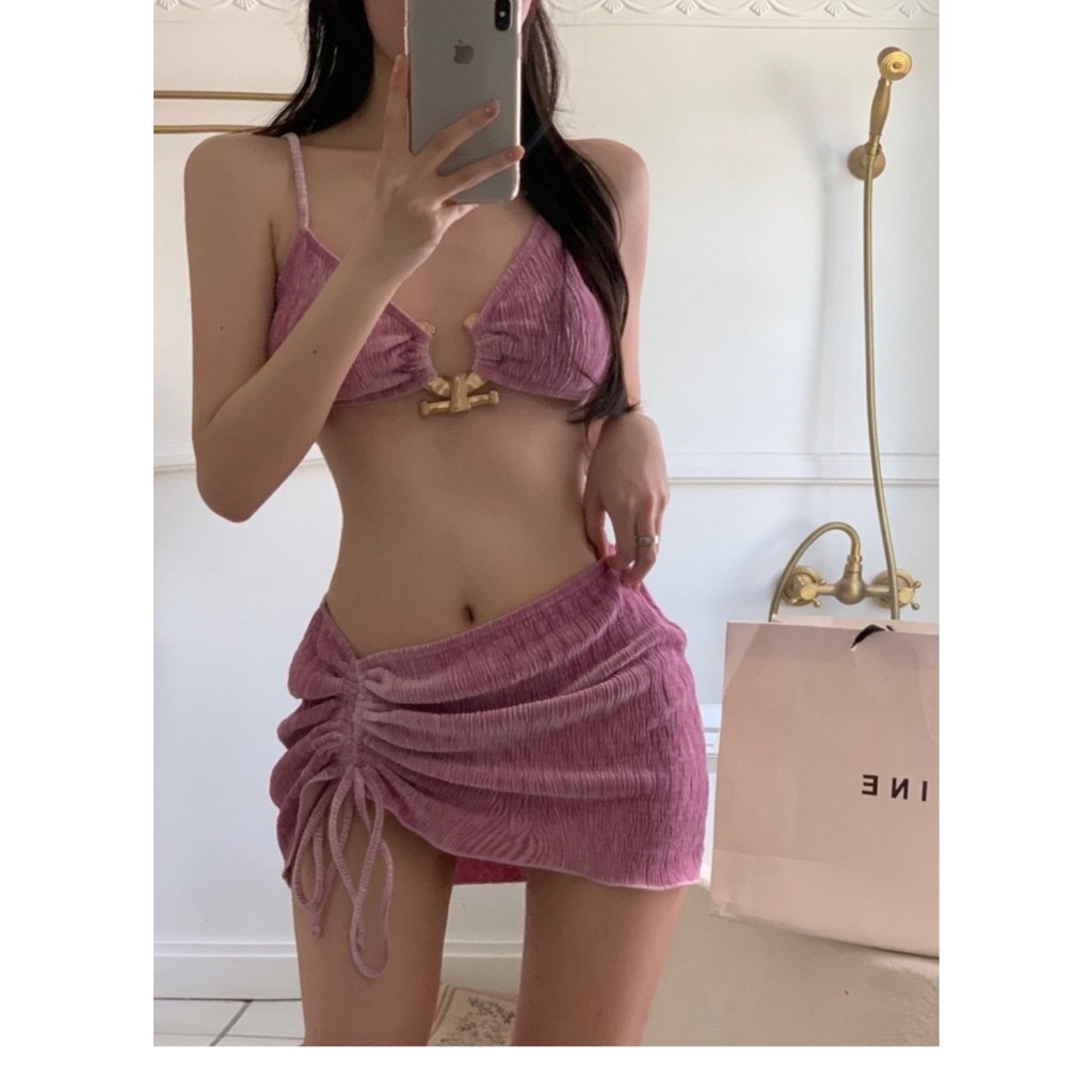 Set bộ đồ bơi bikini 3 món có đệm ngực kèm quần quây che khuyết điểm phong cách tỷ tỷ HMH BKN09 | BigBuy360 - bigbuy360.vn