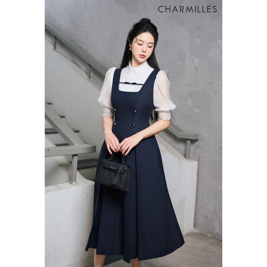 Set Charmilles Áo sơ mi tay lỡ cổ zen Trắng - Váy yếm nơ ngực đính cúc Xanh 24MA018TR - 24MD163XD