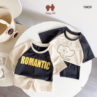 YM09 - Yang mi bộ quần áo bơi cộc tay phối màu bộ thun vải cotton phong cách Hàn Quốc cho bé trai 5-15kg