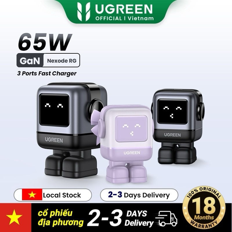 Củ sạc máy tính/ điện thoại, sạc nhanh UGREEN ROBOT 65W Nexode|GaN| 3 cổng Sạc Nhanh