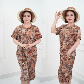 Đồ bộ trung niên, đồ bộ mặc ở nhà cho các bà, các mẹ, áo cổ tròn, quần lửng suông, chất lụa nhập co dãn nhẹ HCE 19