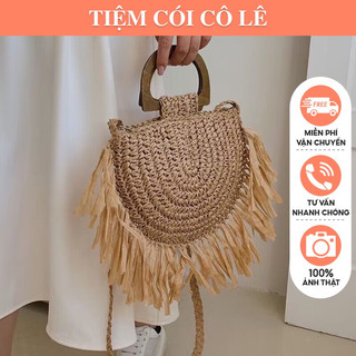   New arrivals Túi cói bán nguyệt quai gỗ tua rua size 26 mẫu mới hè 2024-Tiệm Cói Cô Lê 