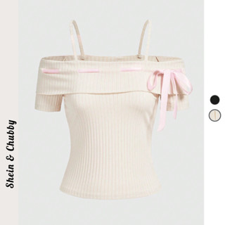 [Bigsize 45-75kg / Order] Áo thun gân mát trễ vai tay ngắn nếp gấp viền ruy băng nơ hai dây đeo coquette đáng yêu