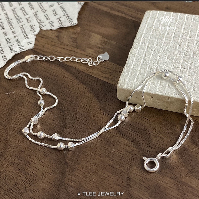 Lắc chân bạc nữ TLEE, vòng chân kép mix charm bi lục giác cá tính TLEE JEWELRY