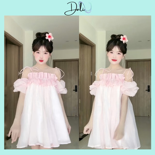 Váy 2 Dây Phối Bèo Nguc Thiết Kế Trễ Vai Kèm Ghim Đá Chất Liệu Tơ Mềm