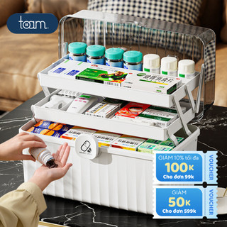 Hộp đựng thuốc gia đình TOAM chia ngăn 3 tầng siêu lớn có tay cầm và khoá hộp chắc chắn, chất liệu PP siêu bền