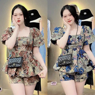 Đầm Jum cổ yếm đùi chất bố dệt kim gấu teddy nổi siêu hot , Set bộ tay ngắn thổ cẩm cột nơ sau siêu xinh