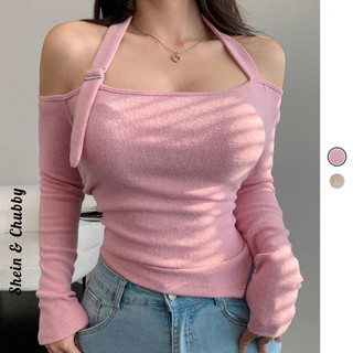 [Bigsize 45-75kg / Order] Áo lông mịn trễ vai nịt dây độc đáo tà vạt chéo tay dài DAZY