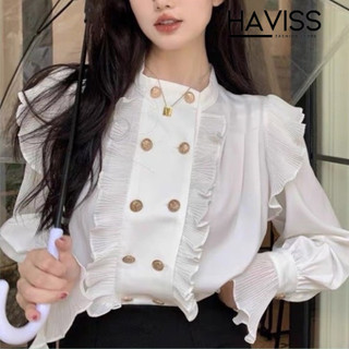Áo sơ mi nữ Haviss dài tay dáng bèo bồng suông bo ống tay thiết kế hàng cúc dọc phong cách Hàn Quốc