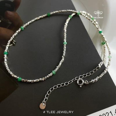 Dây chuyền bạc TLEE, vòng cổ hạt vỡ mix hạt đá xanh lục giác cá tính TLEE JEWELRY D0379