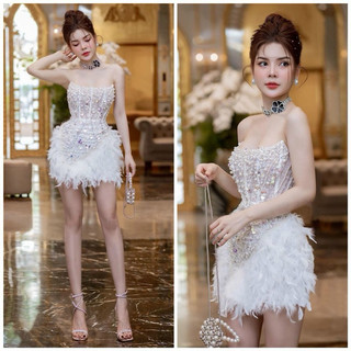 Đầm body dự tiệc cúp phối lông vũ cao cấp kết cườm - size S/M/L