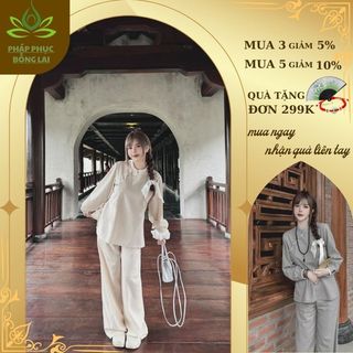 Bộ đồ đi lễ cho nữ họa tiết cúc bọc tay xếp ly pháp phục đi lễ chùa thanh tịnh,pháp phục lễ chùa đồ lam đi chùa - s02