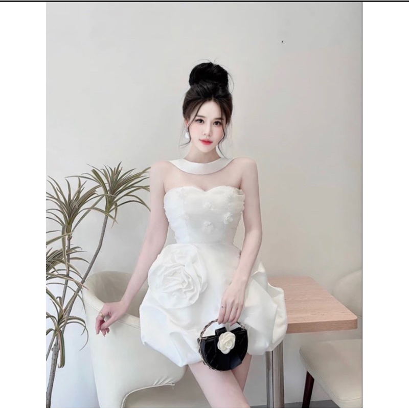 Đầm tacta phối tơ tay bồng kết đá cao cấp sang trọng
